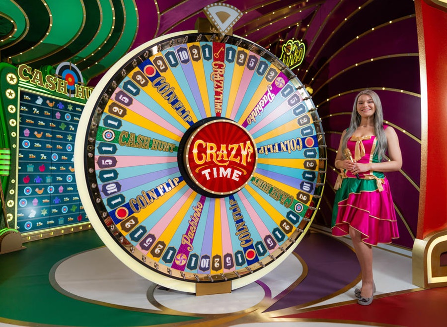 Crazy Time ruota Evolution Gaming con segmenti bonus Coin Flip Cash Hunt Pachinko