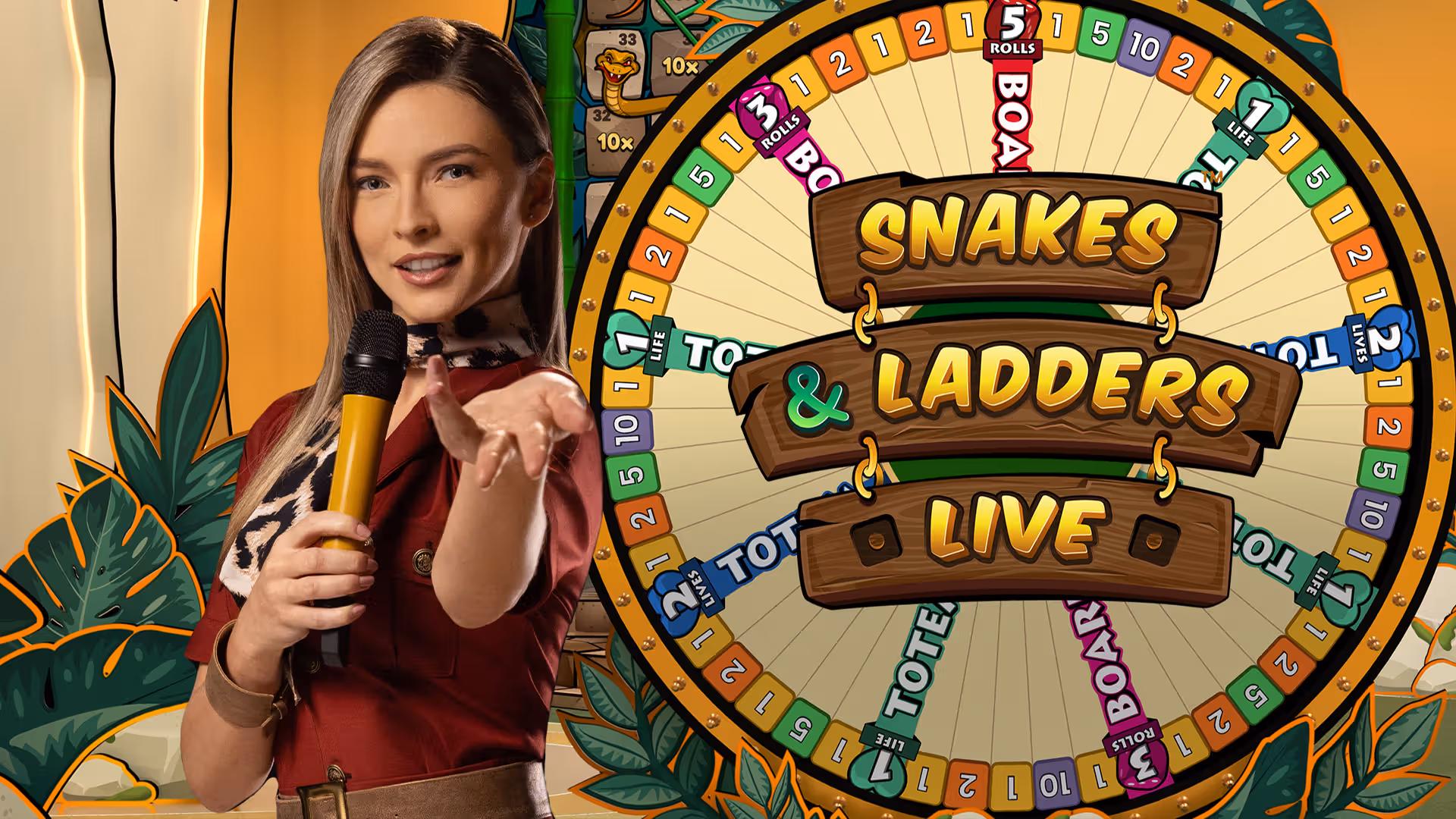Tabellone di Snakes & Ladders Live Pragmatic Play con pedine colorate