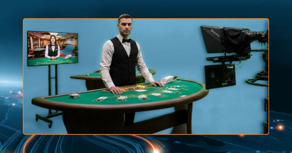 Studio televisivo di live casino con tavoli, luci e telecamere